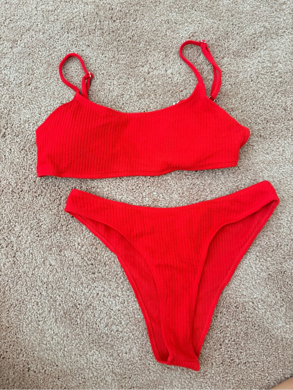 Red Ribbed Bikini Set - Women's Swim Top & Bottom
